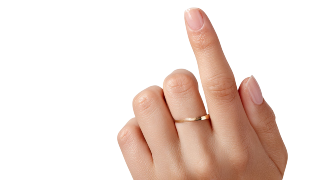 PNG of A close-up of a woman's hand gesturing with a golden ring on her finger, showcasing elegance and simplicity. - Powered by Adobe