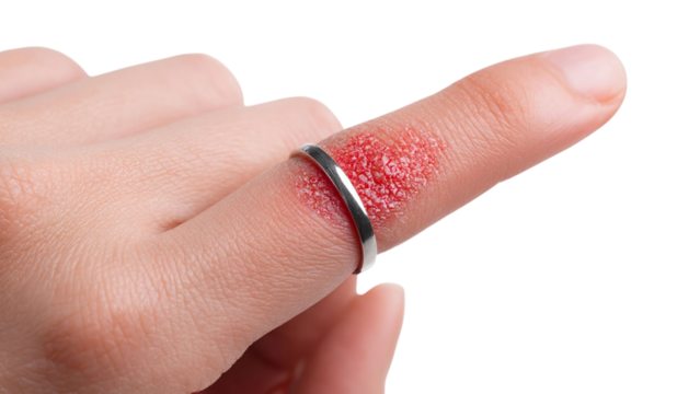 PNG of Close-up of a hand with a painful, red wound on a finger wearing a silver ring, emphasizing injury and healing.