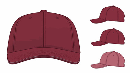 Maroon Baseball Cap Vector Set: Front View and Two Side Angles