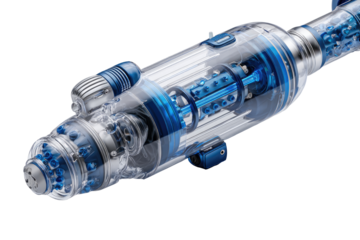 Transparent, intricate engine or component.  Complex,  internal mechanisms clearly visible through a translucent,  cylindrical casing.  Blue highlights accents various  parts.  High-detail rendering