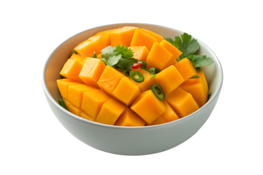 Freshly cut mango cubes served in a bowl, garnished with cilantro and chili for a vibrant, tropical appetizer