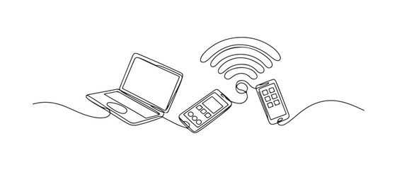  Technology Continuous Line Art – Laptop, Smartphone, and WiFi Connection