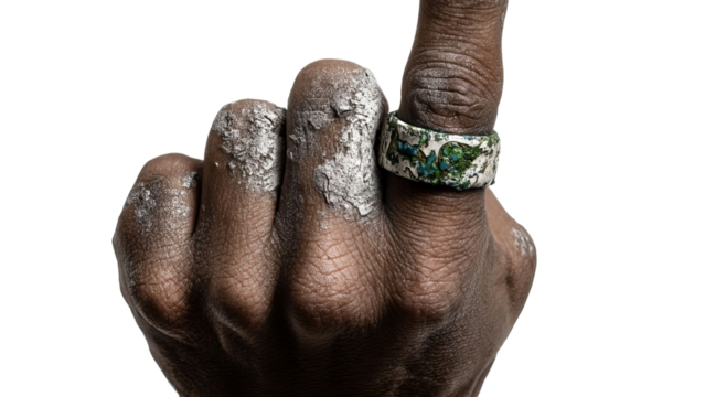 PNG of A close-up of a Black male hand showcasing a rugged finger with climbing chalk and a unique ring, symbolizing strength and adventure. - Powered by Adobe