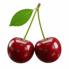 Two Ripe Red Cherries With Leaf