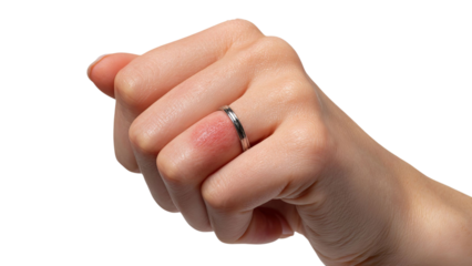 PNG of Close-up of a woman's hand with a shiny silver ring, showing a slight indentation on her finger, symbolizing commitment.