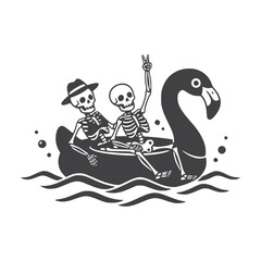 Skeletons in Flamingo Boat – Surreal Tattoo-Style Pool Party Art for Stickers & Merch
