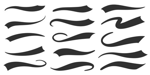 Swoosh vector tails for baseball logo. Swash font lines for sport design. Calligraphic vintage decoration. Retro brush strokes. Curve ribbons and flourishes.