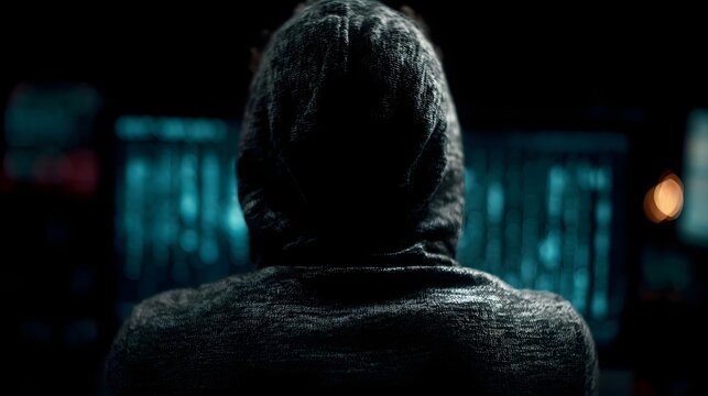 Anonymous figure in a dark room illuminated by the glow of multiple computer screens displaying code