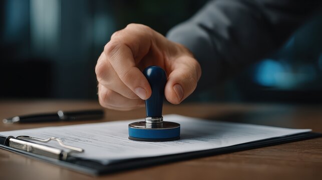 Hand holding a rubber stamp to approve a document on a clipboard with a pen