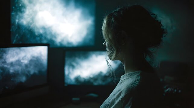 Woman in profile gazes at multiple glowing computer screens in a dark abstract digital space - Powered by Adobe