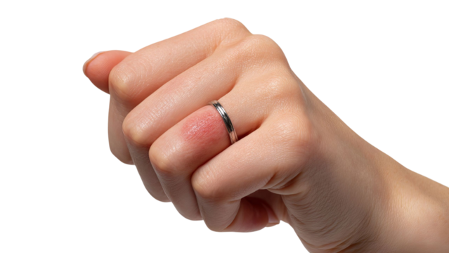 PNG of Close-up of a woman's hand with a shiny silver ring, showing a slight indentation on her finger, symbolizing commitment.
