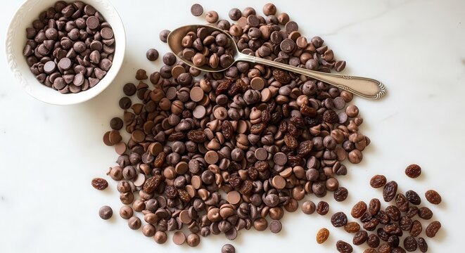 Delicious Chocolate Chips And Raisins Sweet Treat On White Surface In Overhead View