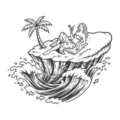 Island in a Whirlpool – Surreal Tropical Tattoo Art for Stickers & Merch