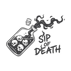 Sip of Death Tilted Poison Bottle Illustration – Gothic Tattoo Flash & Dark Fantasy Sticker Art