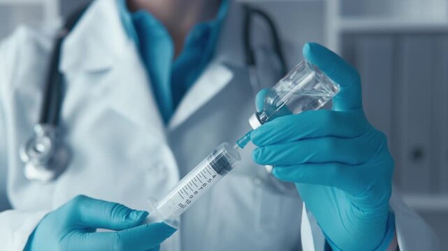 A healthcare professional carefully fills a syringe with vaccine from a vial, showcasing the essential preparation process for administering vaccinations in a clinical environment.