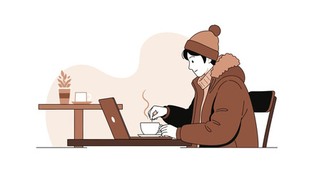 Fototapeta premium A Person Enjoys Coffee While Working on Their Laptop at a Cafe in Wintertime