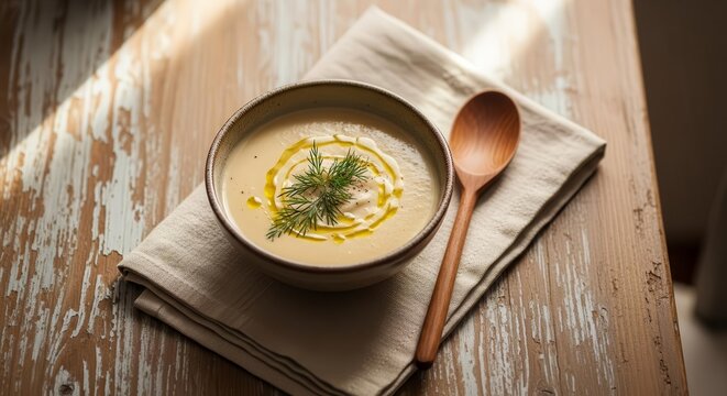 Delicious Creamy Soup Served in a Bowl with Herbs, Spoon on Rustic Wooden Table