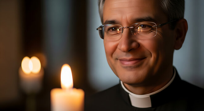 Portrait of priest with candles in dark background