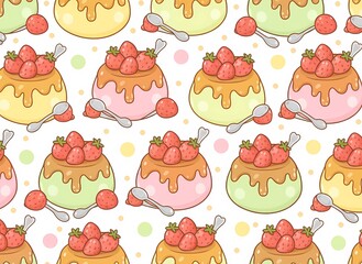 Seamless Cute Pudding Pattern with Strawberries, Caramel Drizzle, Spoons and Pastel Dots – Whimsical Dessert Illustration for Kids and Party Decor