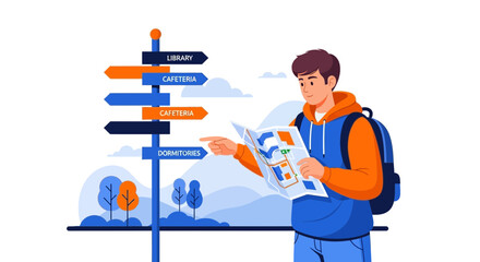 A Student Navigating Campus, Using a Map to Find the Library, Dorms, and Cafeteria