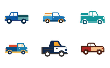 Fototapeta premium Collection of Flat Design Pickup Truck Illustrations in Various Colors and Styles Conveying Automotive Concepts and Transportation Themes