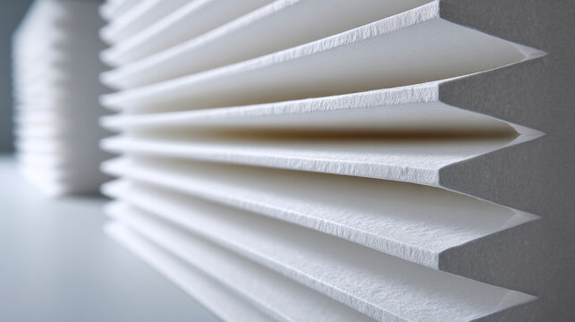 Close-up view of white pleated air filter material showing texture and layered structure in soft lighting