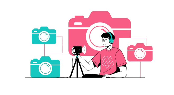 A Young Creator Filming With Multiple Cameras and Wireless Headphones on White Background
