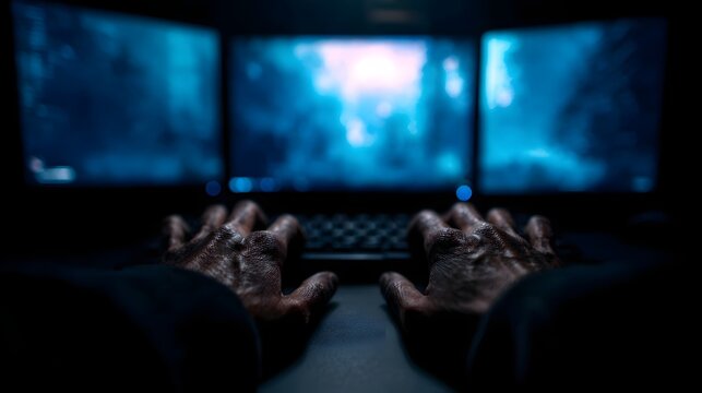 Close up of hands intensely typing on a keyboard in a dark room illuminated by multiple computer monitors displaying a blue digital landscape - Powered by Adobe