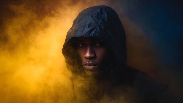 Close up portrait of a mysterious hooded man with an intense focused gaze set against a dramatic backdrop of swirling golden and blue atmospheric