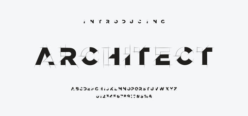 Architect Blueprint Display Font . Technical Drafting Style Alphabet. Geometrical typography. Wireframe letters, typographic design with draft strokes for architecture logo and headline. Isolated	
