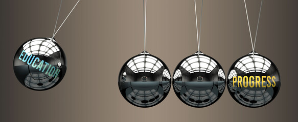 Education leads to Progress. A metaphor in which education initiates motion of progress and gives it energy. Cause and effect relation between education and progress. ,3d illustration