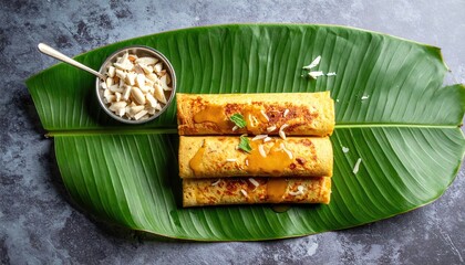 Top View of Chinese White Sugar Sponge Cake with Cracked Surface Served in Paper Cups on a Banana Leaf Garnished with Syrup and Nuts