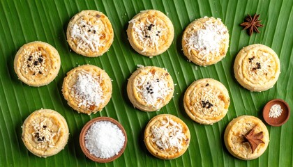 Top View Of Flaky Indian Balushahi Sweets Drizzled With Syrup And Topped With Coconut Flakes And Black Sesame Seeds Arranged On A Green Banana Leaf With Star Anise And A Small Bowl Of Sesame Seeds
