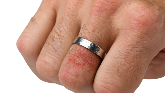 PNG of A close-up of a male's hand with a textured silver ring, showcasing slight redness on the finger.