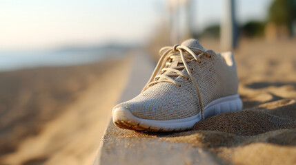 Naklejka premium Close-up of a beige sneaker resting on a concrete ledge at the beach with sand and blurred background during golden hour