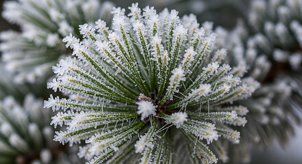 Frosty pine needles winter background close up macro