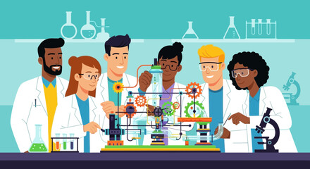 Diverse Team Of Scientists Working Collaboratively In Laboratory Examining Equipment