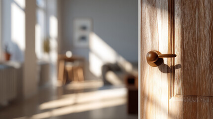 Sunlight streaming through an open wooden door revealing a blurred interior space with furniture