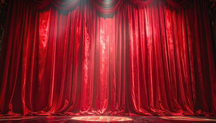 Luxurious Red Velvet Stage Curtains With Sparking Sequins Illuminated By Dramatic Spotlight On A Theater Stage With Confetti On The Floor
