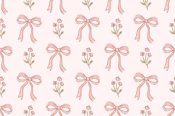 Seamless pink bow and flower pattern on pastel background, cute romantic floral ribbon design, soft girly wallpaper and fabric texture for wrapping paper or decoration.