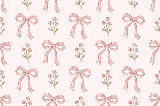 Seamless pink bow and flower pattern on pastel background, cute romantic floral ribbon design, soft girly wallpaper and fabric texture for wrapping paper or decoration.