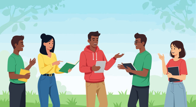 Group Of People Interacting Outdoors. Discussing Project, Casual Meeting, Community Gathering