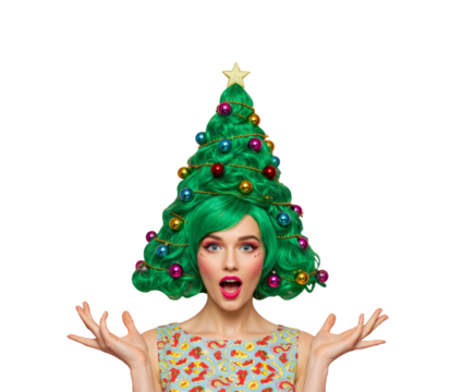 Surprised woman with Christmas tree hairstyle png isolated on transparent background