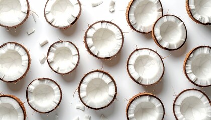 Numerous Halved Coconuts and Scattered Pieces on a White Background with Natural Lighting and Realistic Texture