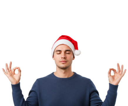 Calm man meditating in Santa hat png isolated on transparent background
