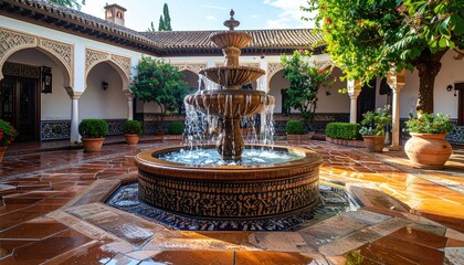 Ornate Fountain In Courtyard Surrounded By Arches And Lush Greenery In Alhambra Granada Spain