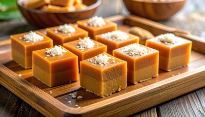 Nine Vietnamese Banh It La Gai Pyramid Rice Cakes With Shredded Coconut Topping Arranged On A Wooden Tray With A Moody Ambient Light In Focus