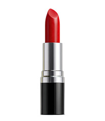 Obraz premium A close-up of a red lipstick. The lipstick is a classic, red shade, with a glossy finish. The lipstick is contained within a simple, silver-toned tube with a black base