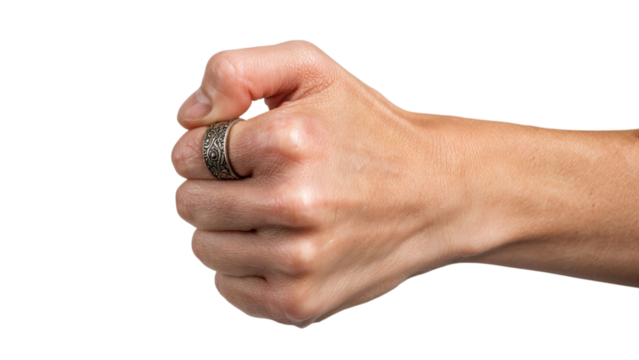 PNG of Close-up of a clenched fist wearing an ornate silver ring, symbolizing strength and determination.