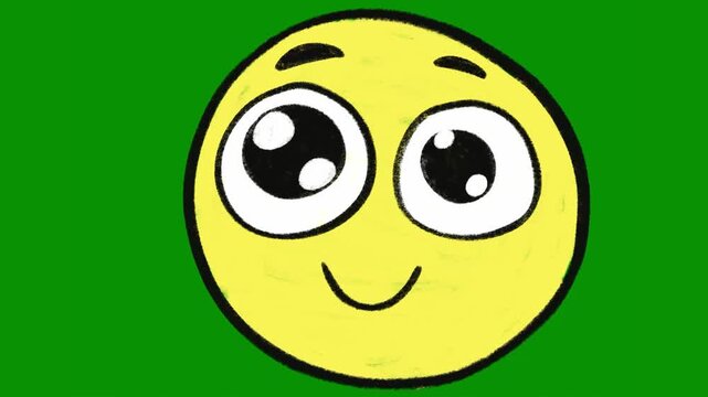 Cute Hand-Drawn Happy Emote Animation on Green Screen, Large Eyes Smiling Yellow Face Sticker for Social Media
